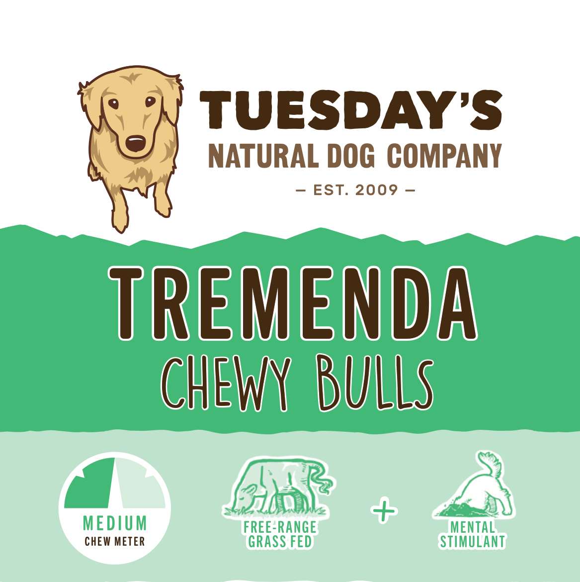 Tremenda Chewy Bulls treat packaging with bold brown lettering, green and mint panels, and illustrated dog and chew-meter icons.
