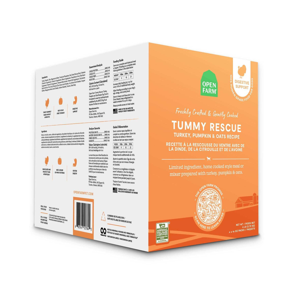 Tummy Rescue Dog Food in an orange and white package with green branding, turkey, pumpkin and oats recipe label.