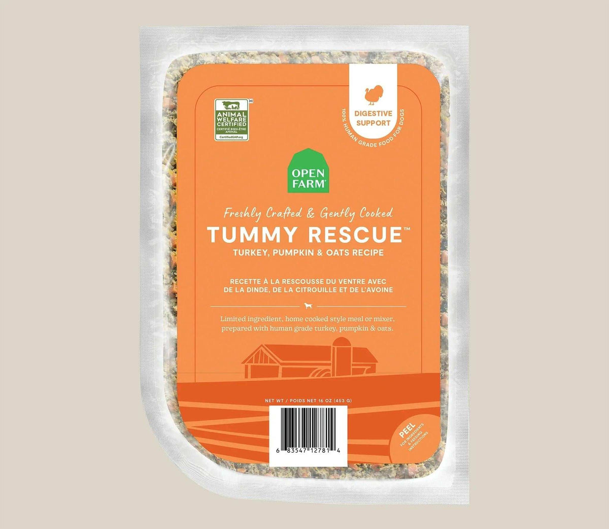 Vacuum-sealed pouch of Tummy Rescue Dog Food with orange label featuring turkey, pumpkin, and oats recipe for digestive support.