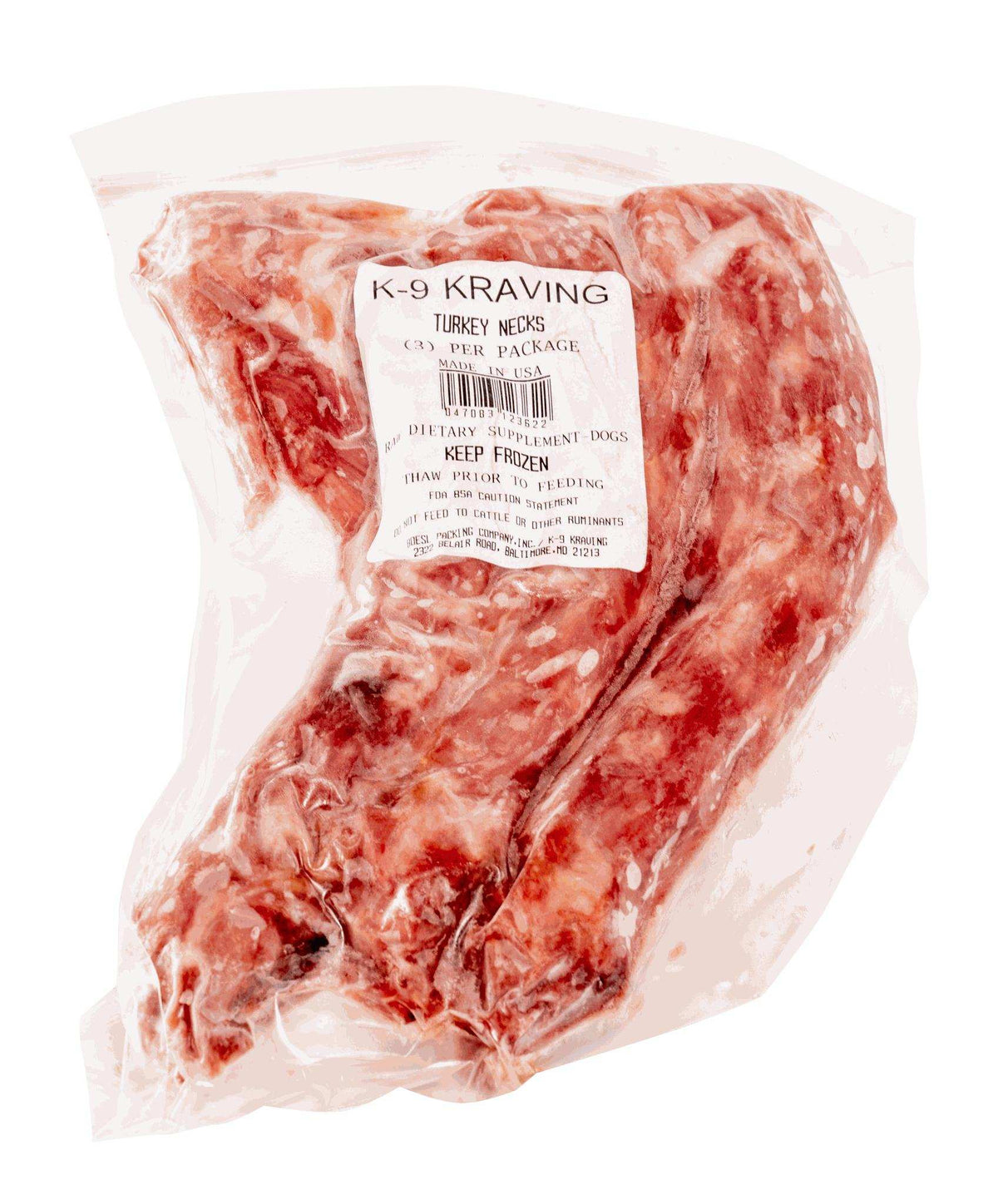 Turkey Necks in a clear plastic frozen package, showing red-and-white marbled raw turkey bones with a printed label
