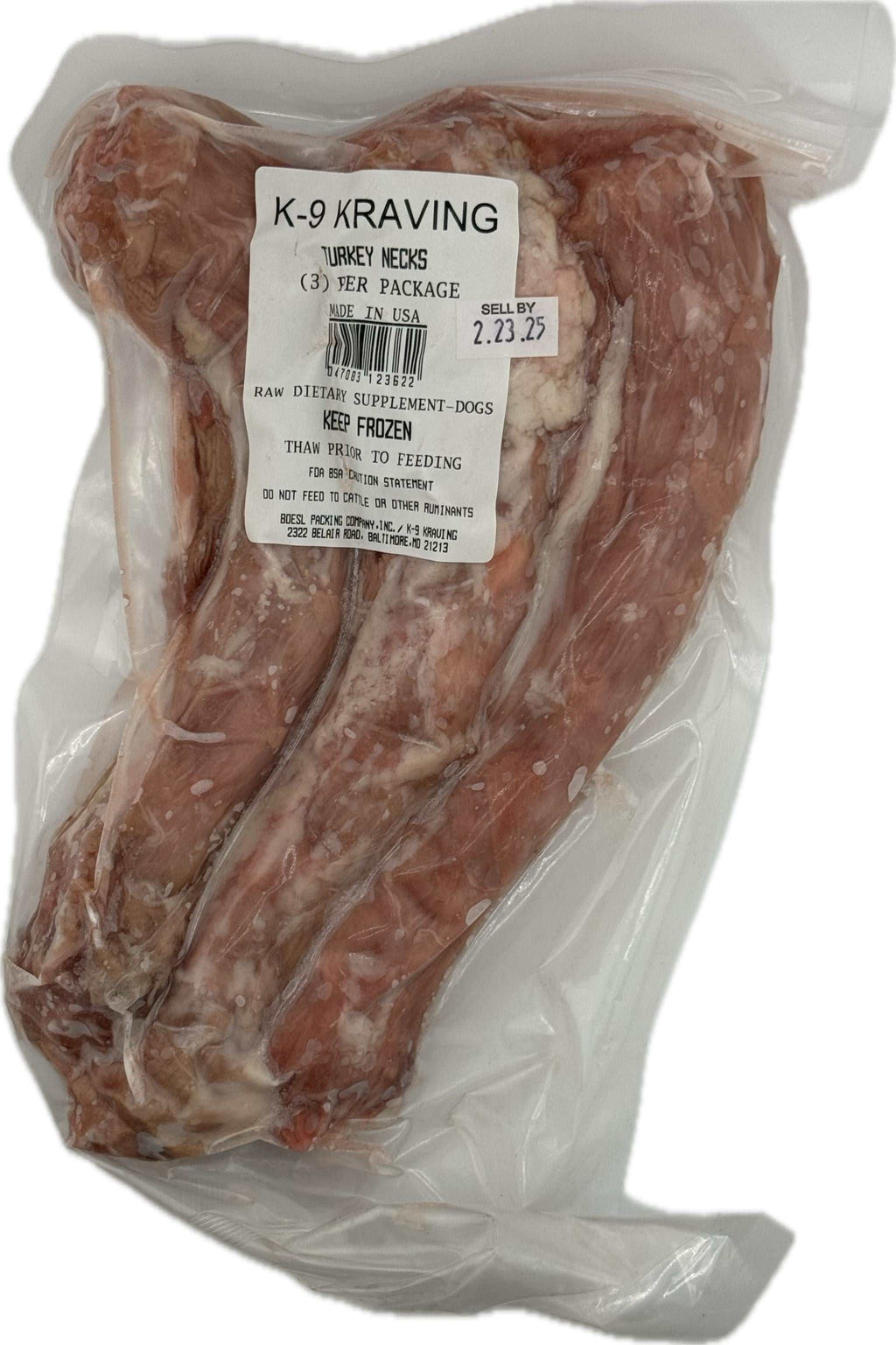 Turkey Necks are reddish-brown raw meaty bones in a clear plastic package with a K-9 Kraving label.