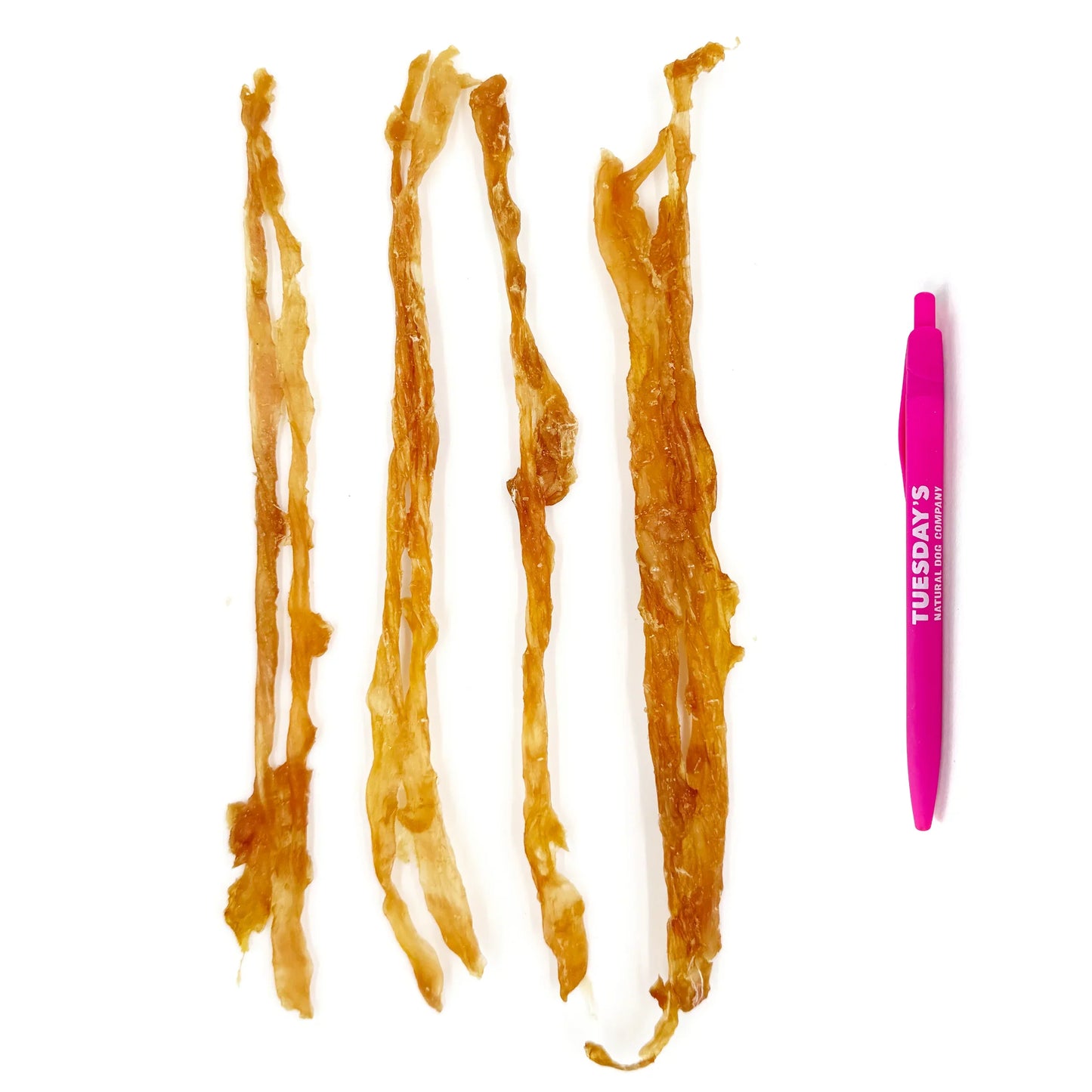 Resealable bag of 4 oz long thin baked turkey tendons dog treats high protein low fat