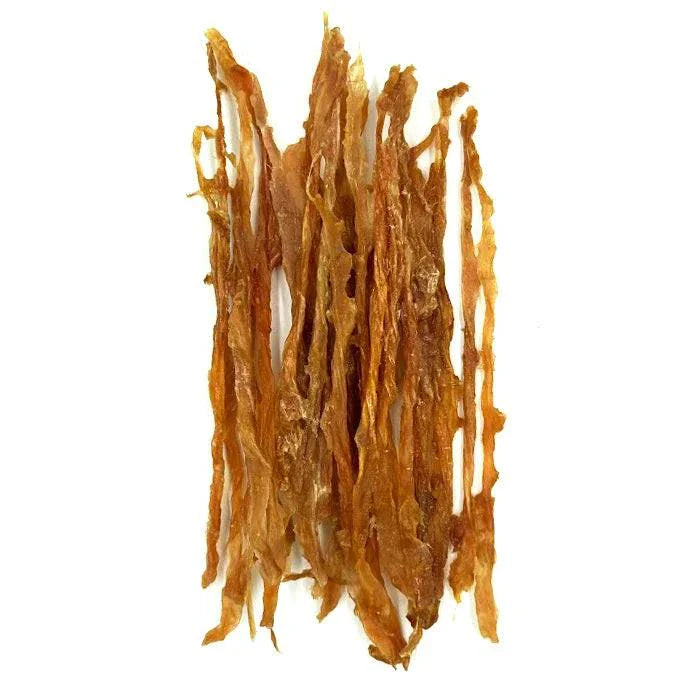 Resealable bag of long, thin baked turkey tendons for dogs, protein-rich and low-fat chew treat