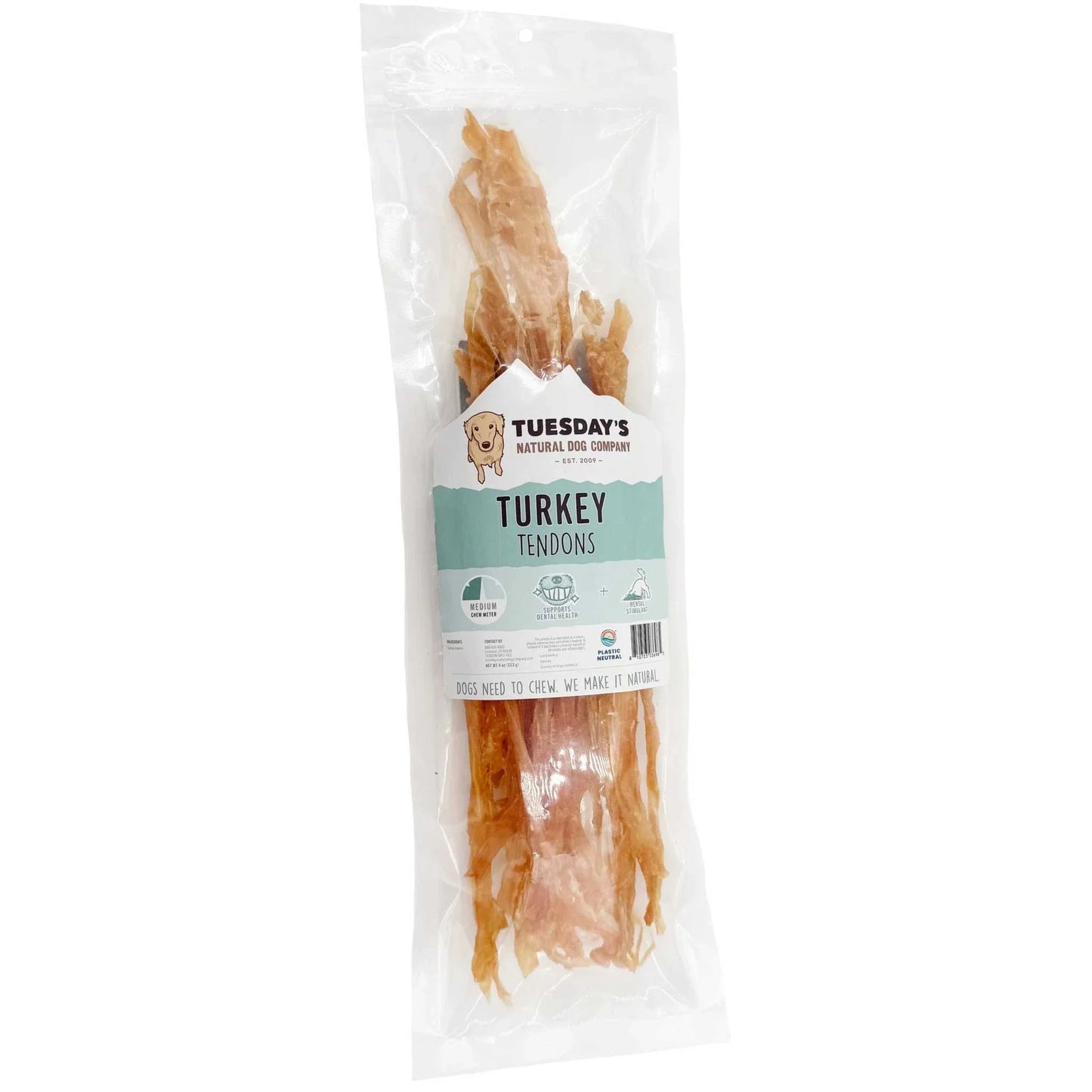 Resealable bag of long, thin baked turkey tendons for dogs, high protein low fat