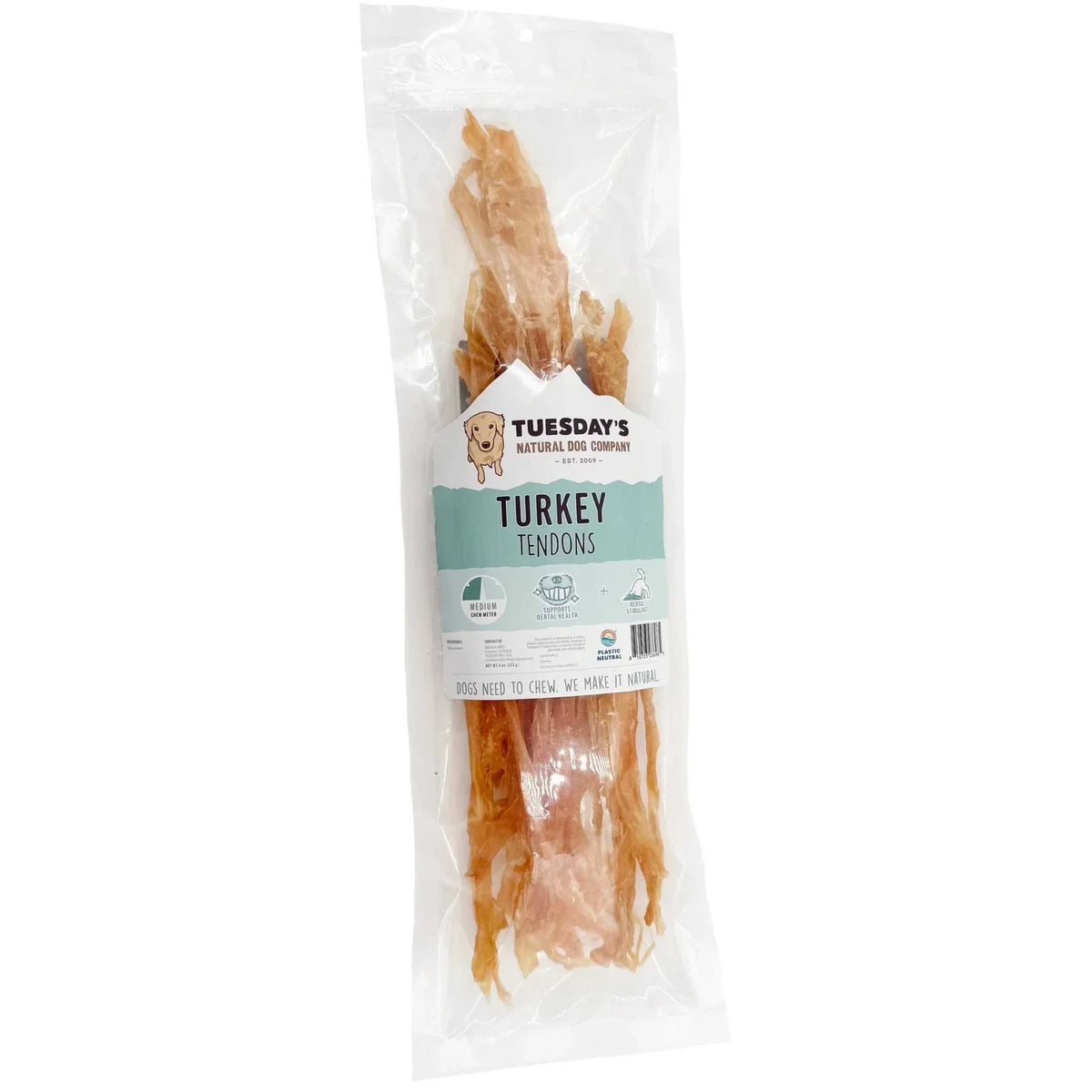 Resealable bag of long, thin baked turkey tendons for dogs, high protein low fat