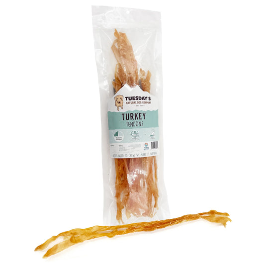 Resealable bag of 4 oz baked turkey tendons dog treats rich in protein and low fat