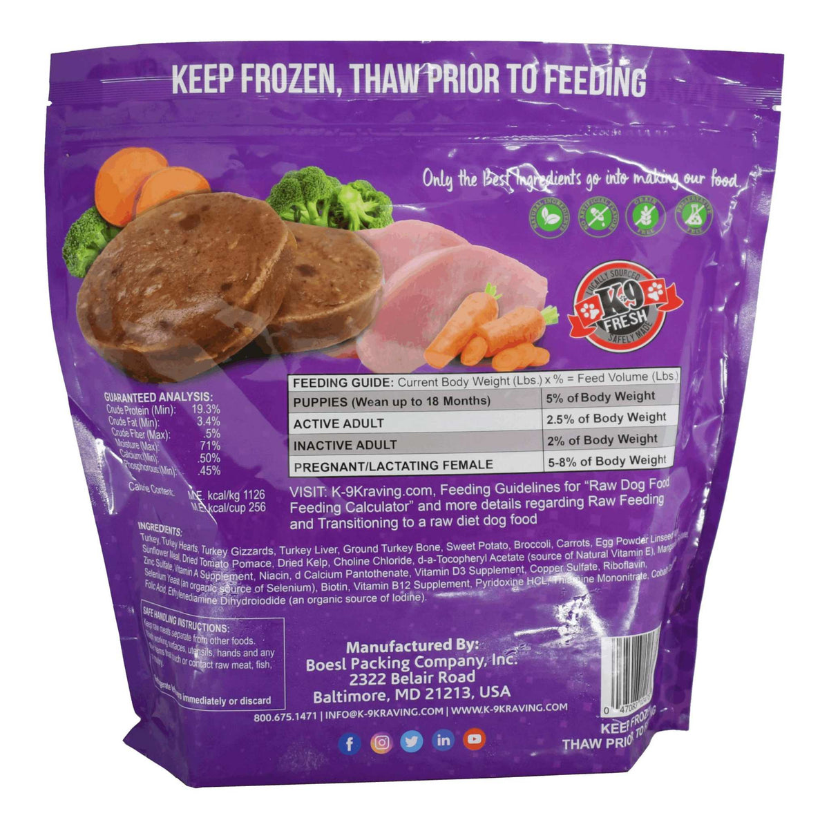 Raw dog food in a purple frozen-food pouch, featuring turkey, brown meat patties, carrots and green vegetables on the label.