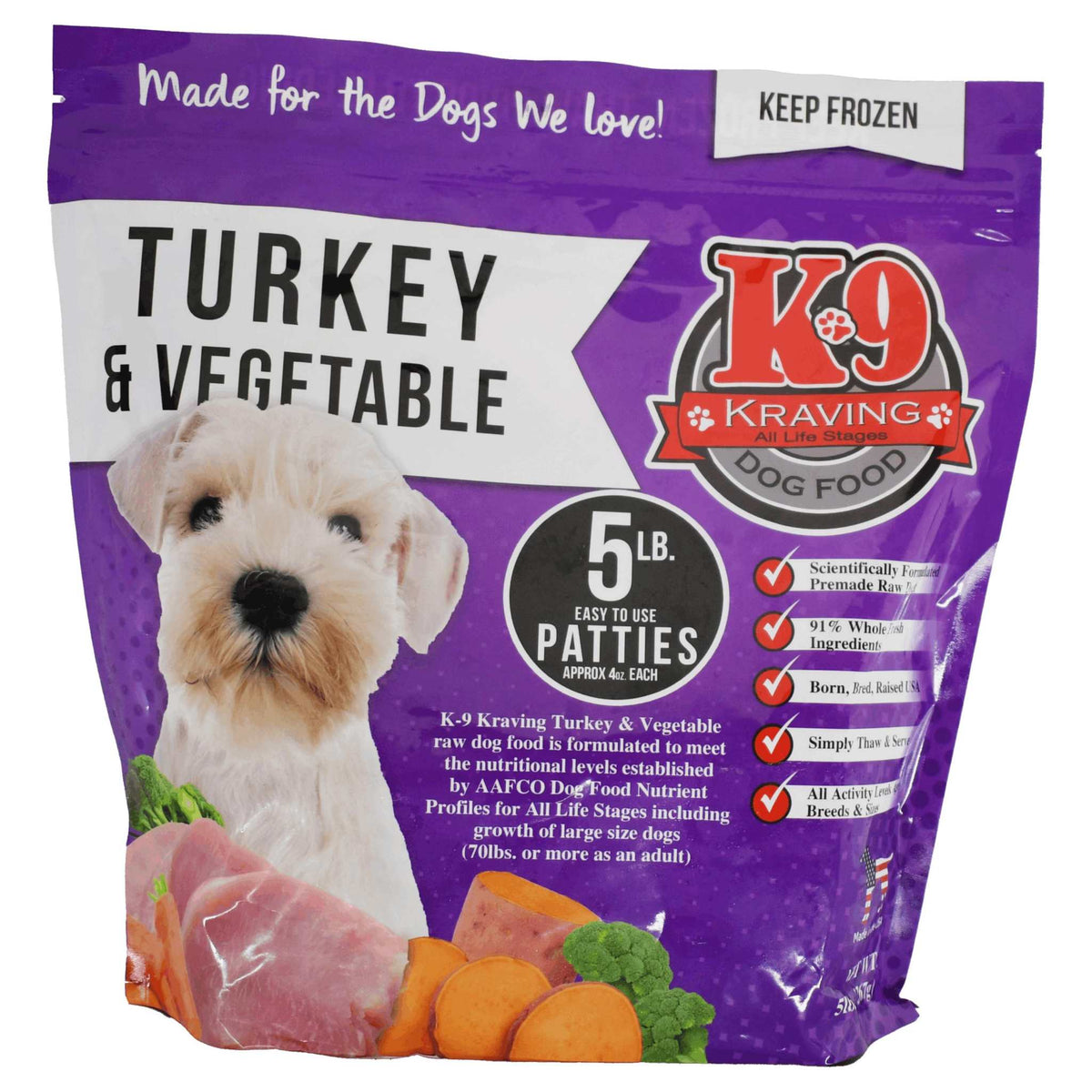 Turkey & Vegetable raw dog food in a purple bag, with a puppy, meat and vegetables printed on the front.