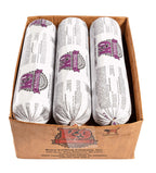 Turkey raw dog food in three white plastic-wrapped rolls with purple K-9 Kraving logos, packed in a brown cardboard box.