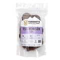 Venison Flips in a clear resealable pouch, showing dark brown, irregular textured chewy pieces with a purple label.