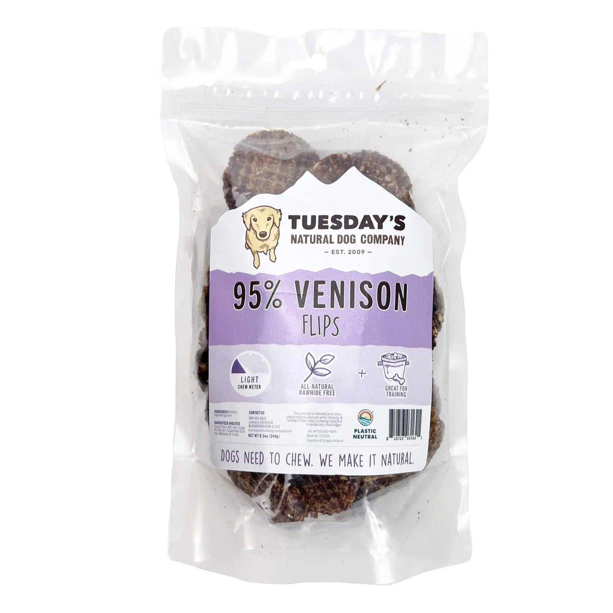 Venison Flips in a clear resealable pouch, showing dark brown, irregular textured chewy pieces with a purple label.