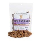 Package of 95% venison training bites dog treats shaped like miniature bones with high meat content for sensitive dogs