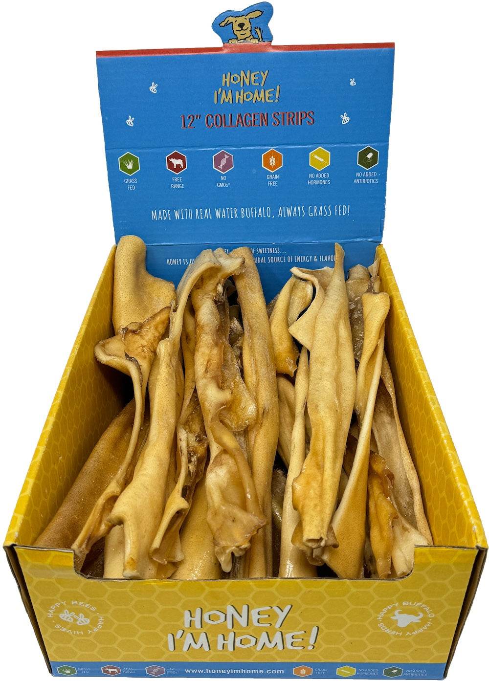 Water Buffalo Collagen Strips for Dogs in a display box.