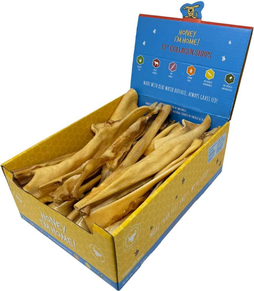 Water Buffalo Collagen Strips for Dogs in open box packaging.