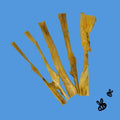 Water Buffalo Collagen Strips for dogs, tan natural hide with a leathery texture, cut into long uneven strips.