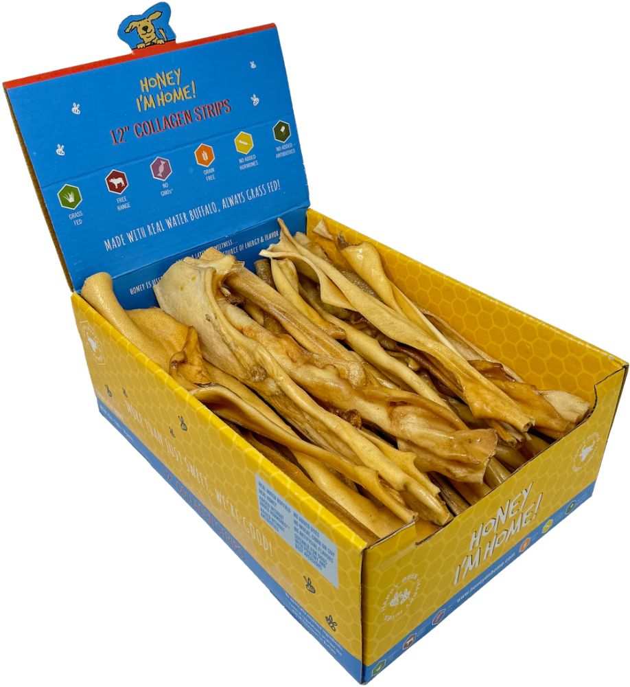 Water Buffalo Collagen Strips in display box for dogs, protein-rich chews.