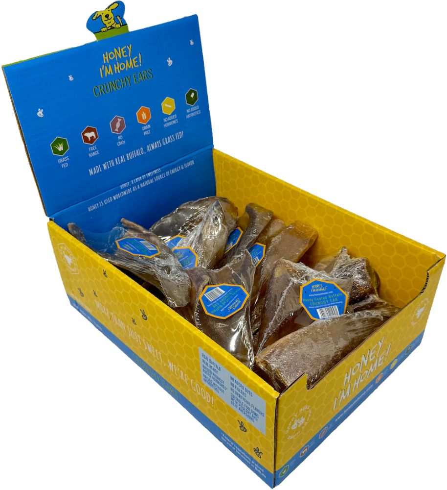 Box of Water Buffalo Crunchy Ears dog treats made with natural ingredients including honey