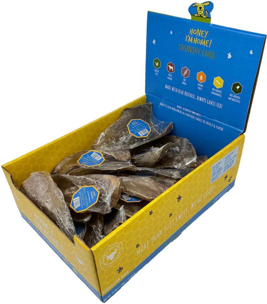 Box of Water Buffalo Crunchy Ears dog treats in yellow and blue packaging