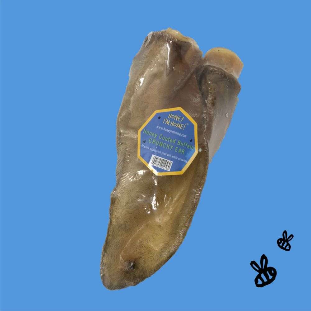 Water Buffalo Crunchy Ears natural dog chew with honey coating in clear packaging