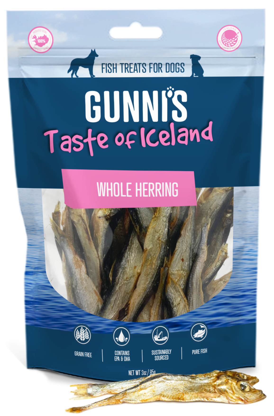 Air-dried whole herring dog treats rich in omega-3 and protein