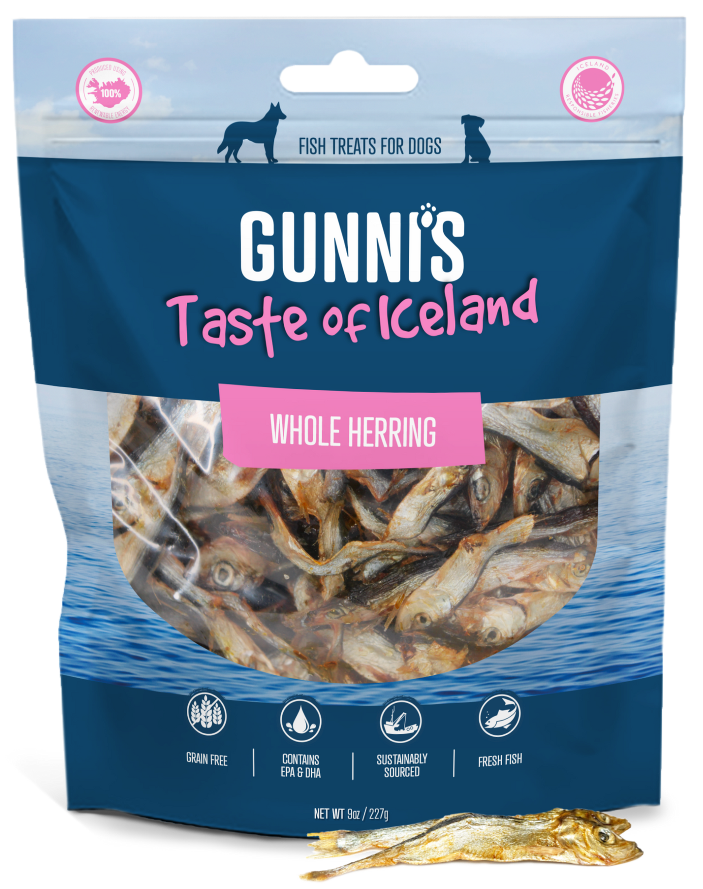 Whole air-dried Icelandic herring dog treat rich in omega-3 and protein