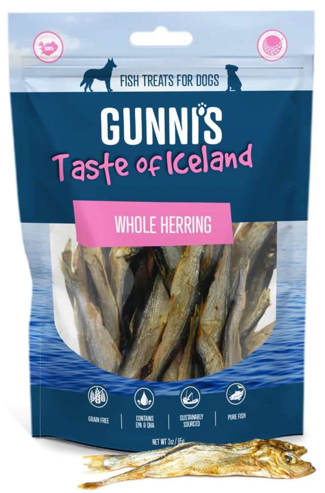 Whole Herring dog treats, air-dried, Icelandic omega 3 source.