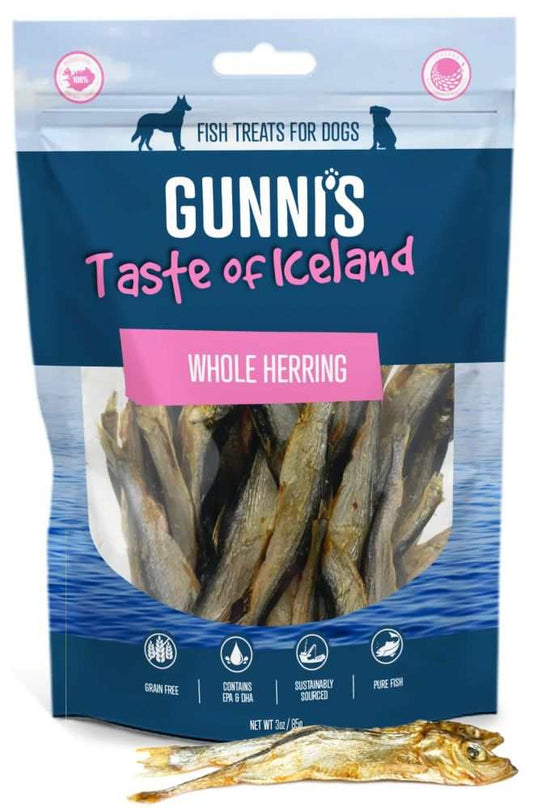 Whole Herring dog treats, air-dried, Icelandic omega 3 source.