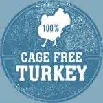 Turkey neck treat package with a blue circular label, white lettering, and a small turkey graphic reading “Cage Free Turkey”