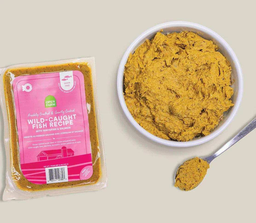 Wild-Caught Fish dog food, golden-brown freshly crafted mash in a sealed package with a bowl and spoonful of food.