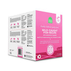 Wild-Caught Fish freshly crafted dog food in a bright pink and white box, with fish recipe labeling and a QR code.