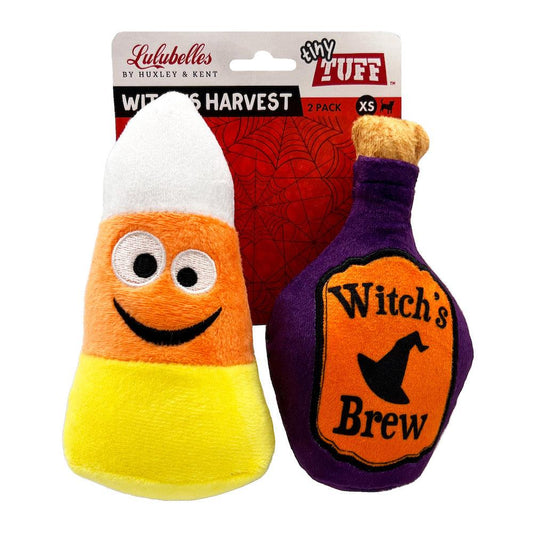 Witch's Harvest Dog Toy 2-pack featuring Kookie Korn and Witch's Brew designs, safe and durable