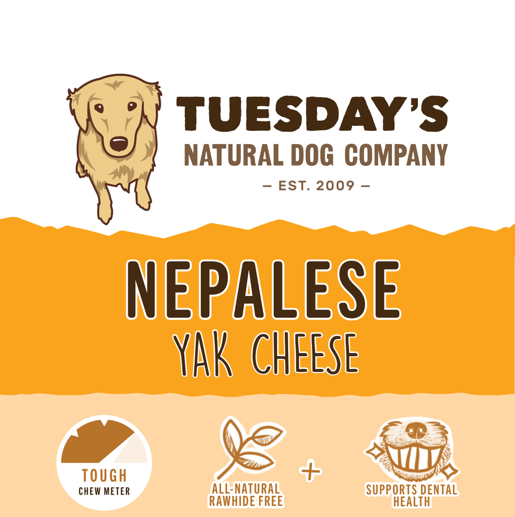 Yak Cheese Chew in orange, cream and brown packaging, featuring a dog illustration and Nepalese yak cheese label.