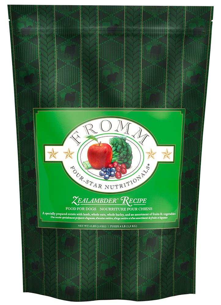 Dog food bag in dark green with a geometric pattern and an illustrated fruit and vegetable label featuring Zealambder Dog Food recipe.